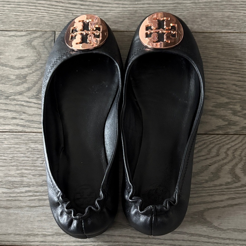 Tory Burch Reva Black Ballet Flats with Gold Logo